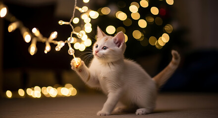 Warm Fairy Light Glow Illuminating Playful White and Ginger Kitten