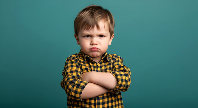 Upset little boy with crossed arms looking at camera on blue background
