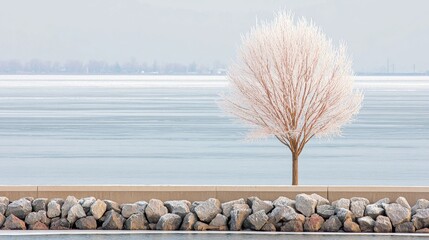 A single frosted tree stands on a wall of rocks, overlooking a frozen lake and distant land