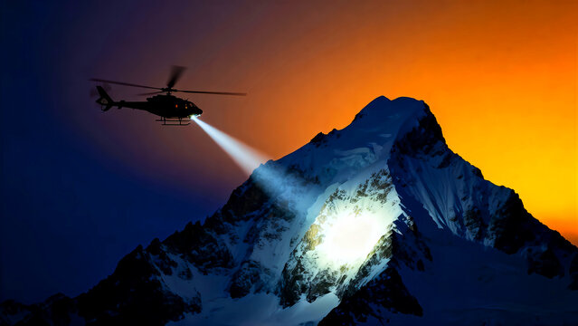 Helicopter mountain rescue search light snow peak sky sunset dawn emergency aviation travel exploration adventure alps tourism flight transport air vehicle rotorcraft blade