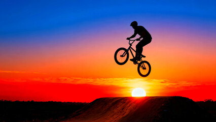 Obraz premium Bmx bike jump sunset silhouette extreme sport bicycle rider action adventure freedom challenge skill stunt outdoor sky clouds sun dusk horizon nature landscape recreation lifestyle
