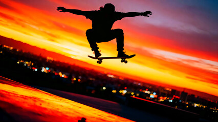 Skateboarder silhouette sunset extreme sports action lifestyle urban skateboarding trick jump ramp skater youth culture freedom adrenaline recreation challenge skill evening sky city lights