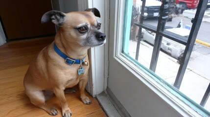 A small brown canine, wearing a blue collar, sits inside and gazes out a window