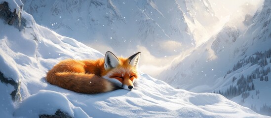 Red fox sleeping peacefully on a snowy mountain peak at sunrise.