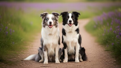 Fototapeta premium Two border collies sitting on a path in a lavender field