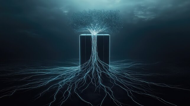 network of glowing, organic-looking cables, like roots of a tree, plugged into a monolithic server, symbolizing the organic nature of modern networks, dark, moody, cinematic. 