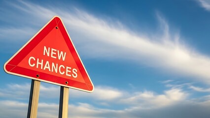 Obraz premium A red triangular sign with 'New Chances' stands against a blue sky with white clouds