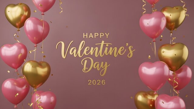 Romantic valentine s day with pink and gold heart balloons on mauve background