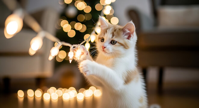 Warm Fairy Light Glow Illuminating Playful White and Ginger Kitten