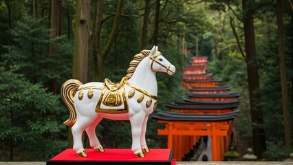 White and gold horse statue with torii gates and forest in the background view