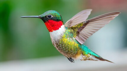 Fototapeta premium A vibrant ruby-throated hummingbird in flight, wings outstretched, showcasing colorful plumage