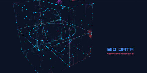 Abstract big data 3D grid cube with elipsoide holes inside. Quantum computing concept on dark background. Blockchain grid box сoncept. Artificial intelligence design