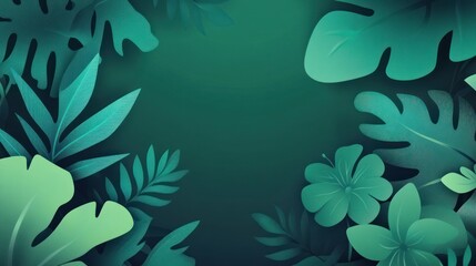 Lush green tropical leaves and flowers frame.