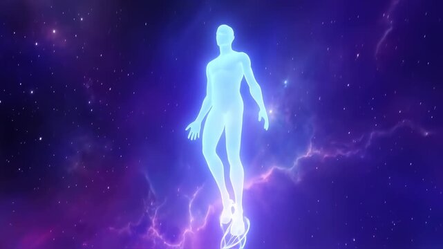 Abstract ethereal human figure floating in a colorful cosmic sky background
