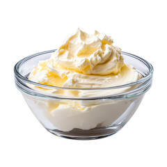 Creamy butter in a glass bowl, perfect for cooking or baking, isolated on a white background.