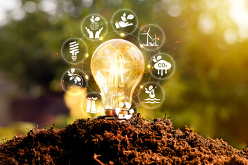 Light Bulb with Eco Energy Icons on Soil Representing Renewable Power, Sustainability, Recycling and Green Innovation