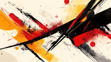 Abstract art with red, orange, and black paint strokes on a white background.
