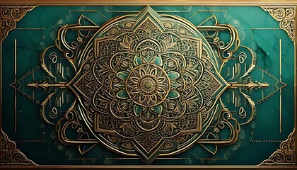 Ornate geometric pattern with golden details, set against a teal background, framed with decorative borders and artistic embellishments