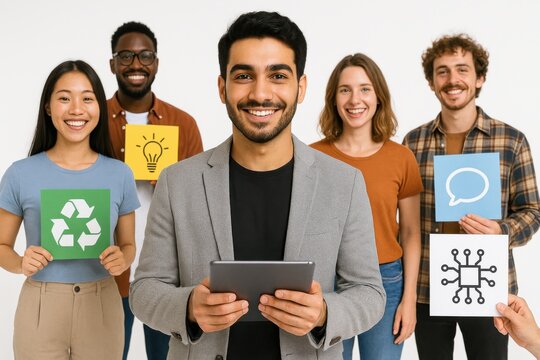 Young Arab startup founder in casual blazer holding digital tablet at center of mixed creative team in studio
