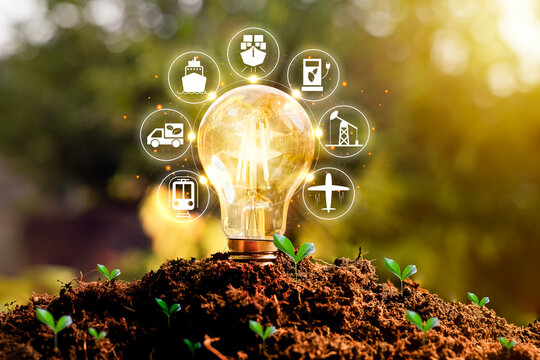 Light Bulb with Energy and Transport Icons Growing from Soil Representing Clean Power and Eco Innovation Concept - Powered by Adobe
