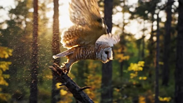 Majestic owl flying through sunlit forest with wings spread wide showing feather detail