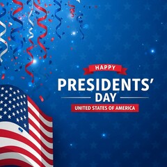 Happy Presidents' Day patriotic celebration with waving American flag and festive confetti on a star-spangled blue background. United States holiday graphic.