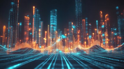 Futuristic cityscape with glowing digital buildings and lines.