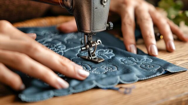 Hand sewing machine needle and fabric embroidery with floral pattern artisan textile craft stitch detail closeup on denim, cozy workshop mood