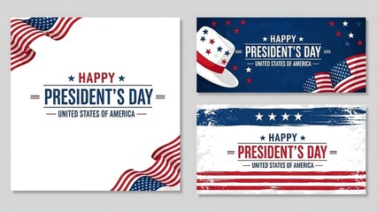 Happy President's Day banners featuring patriotic American flags and Uncle Sam hat, celebrating national heritage and freedom in the United States.