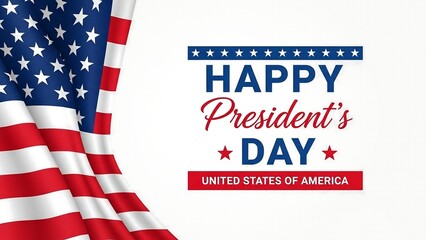 Happy President's Day greeting banner with a waving American flag backdrop. Patriotic celebration design for United States national holiday.