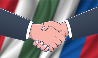 Vector blurred wavy national flags of Hungary and Russia. Deal. Male handshake. Hungarian and Russian political wide banner. Cooperation