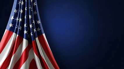 Vibrant American flag draped elegantly on a rich deep blue background, symbolizing patriotism, national pride, and democratic values