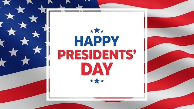 Happy Presidents' Day patriotic greeting with American flag background, commemorating U.S. federal holiday and national celebration