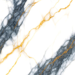 White marble texture background with diagonal blue and gold veins. Elegant luxury stone surface with metallic cracks resembling kintsugi art for modern interior wall decor and ceramic flooring.
