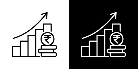 Chart Up Icon With Rupee Currency Symbol. Fresh Line Design Built For Creative Flexibility In Light And Dark Versions.