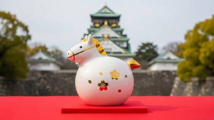 Naklejka premium Ceramic horse figurine with osaka castle in the background on a red surface