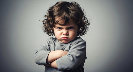 Angry little girl with crossed arms and a scowling expression on her face