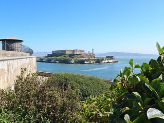 Panoramic view of Alcatraz Island from a coastal vantage point