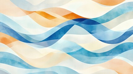 Abstract watercolor wave pattern in blue, orange, and white.