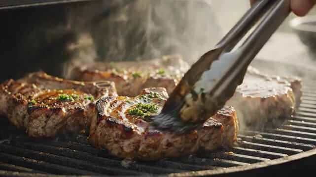 Meat cooking on outdoor grill with steam rising over char marks