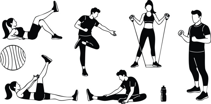 Monochrome vector fitness set with men and women doing stretching core exercises resistance band workout and warm up poses with gym ball and bottle silhouettes - Powered by Adobe