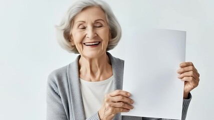 A happy, smiling senior woman with elegant grey hair holds a blank white sheet of paper, offering ample copy space against a clean, bright background. Her cheerful expression conveys warmth and approa