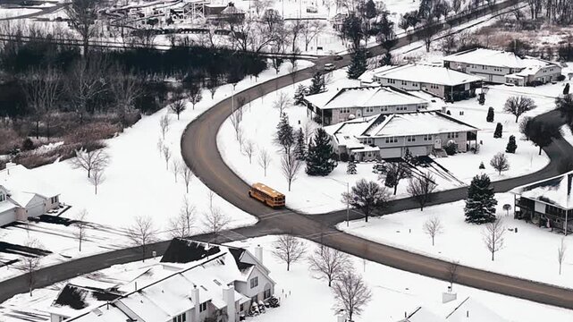 4K Aerial View of a School Bus and Cars Driving on Snow-Covered Residential Streets in Orland Park, Illinois, During Winter