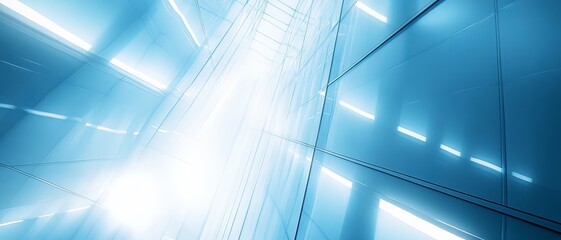 Perspective view of a futuristic, light-filled architectural space.  Panelled walls and bright, linear lighting create a dynamic interior