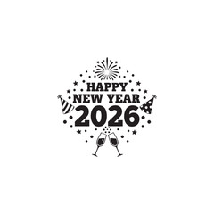 Happy New Year 2026 vector illustration. Black and white typography with champagne glasses, fireworks, and party hats. Celebration silhouette design isolated on white background.