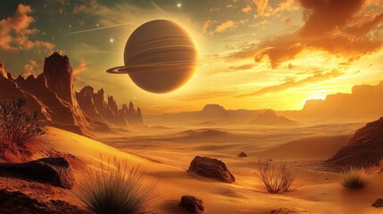 Alien planet desert sunset with ringed gas giant.