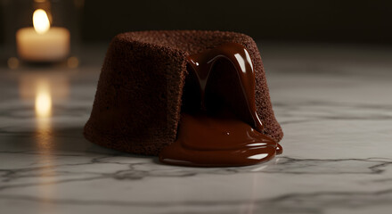Warm chocolate lava cake with melting center on a marble surface.