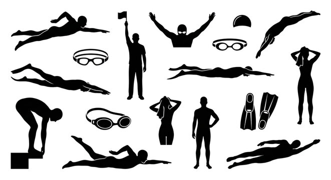 Swimmers Silhouette Illustration on Isolated Background, Aquatic Sport Pictograms, Outline Style