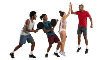 Enthusiastic padel tennis players celebrate a win with a high-five, demonstrating teamwork and