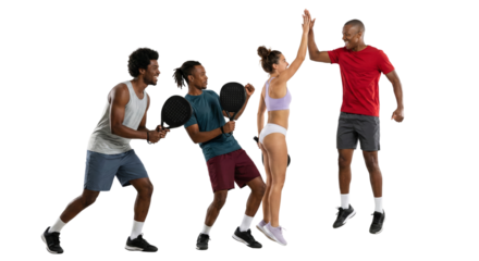 Enthusiastic padel tennis players celebrate a win with a high-five, demonstrating teamwork and